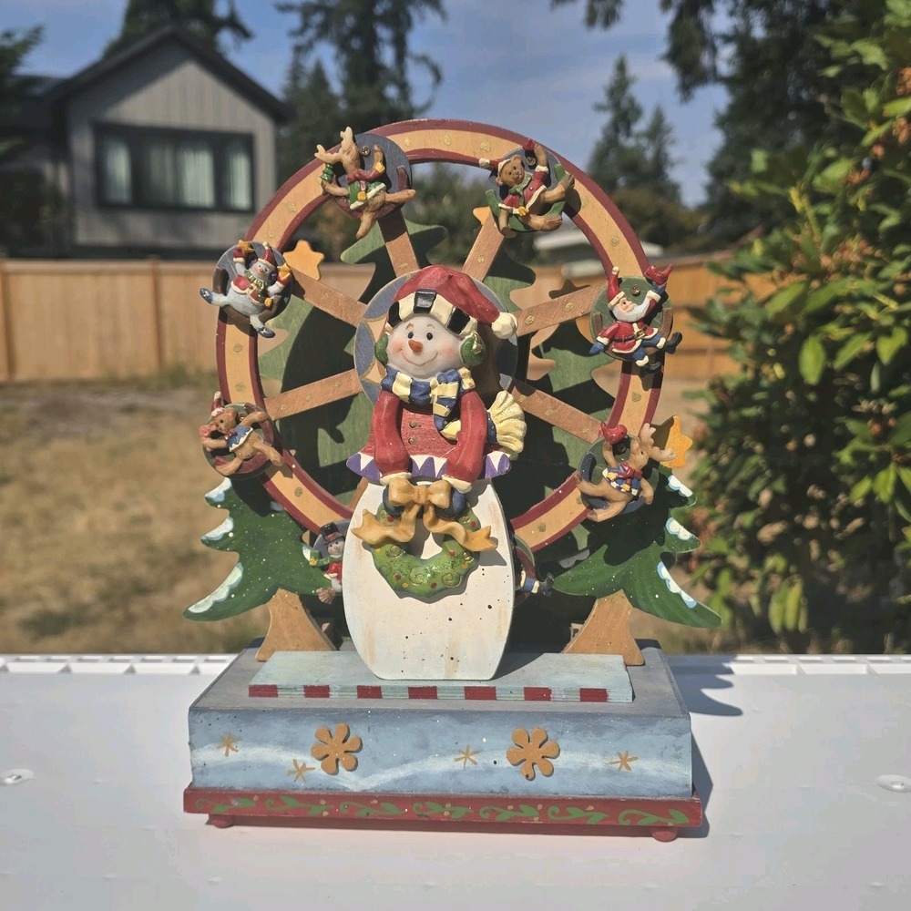 Wood Christmas Ferris Wheel Music Box Animated Snowman Reindeer - Picture 1 of 6
